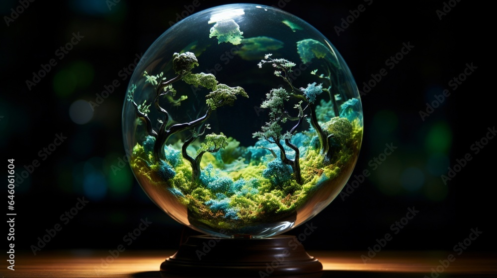 Capture a close-up of a glass globe filled with shimmering bioluminescent algae, emphasizing the beauty and sustainability of natural lighting