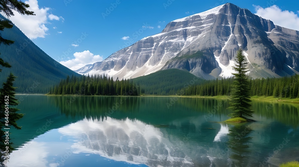 A serene and peaceful mountain reflecting on the still waters of a lake