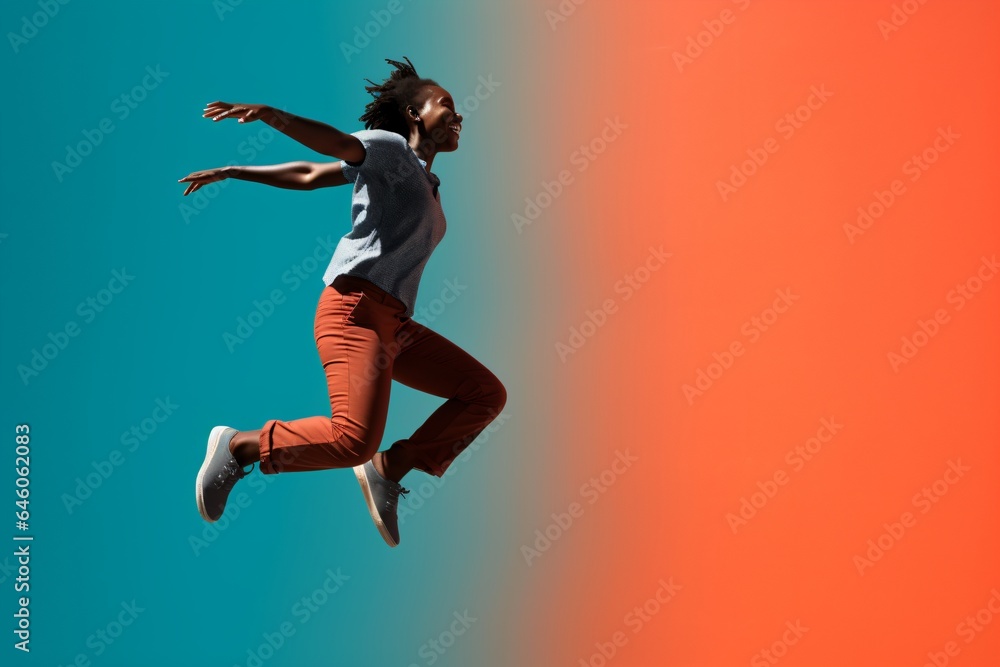 A black jumping with happiness
