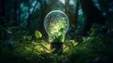 Capture a light bulb wrapped in vibrant green vines, symbolizing the integration of renewable energy into nature