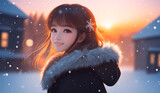 Beautiful asian woman in winter season with snow and sun light.
