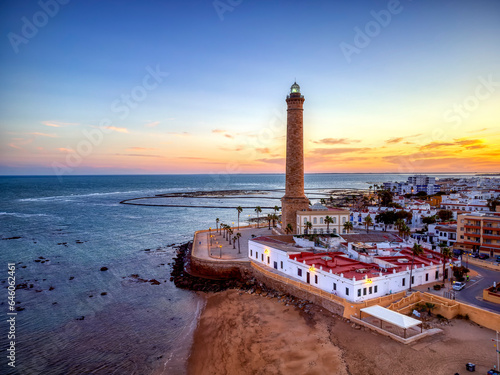 Drone view of the Chipiona lighthouse at dawn in the province of Cadiz. photo
