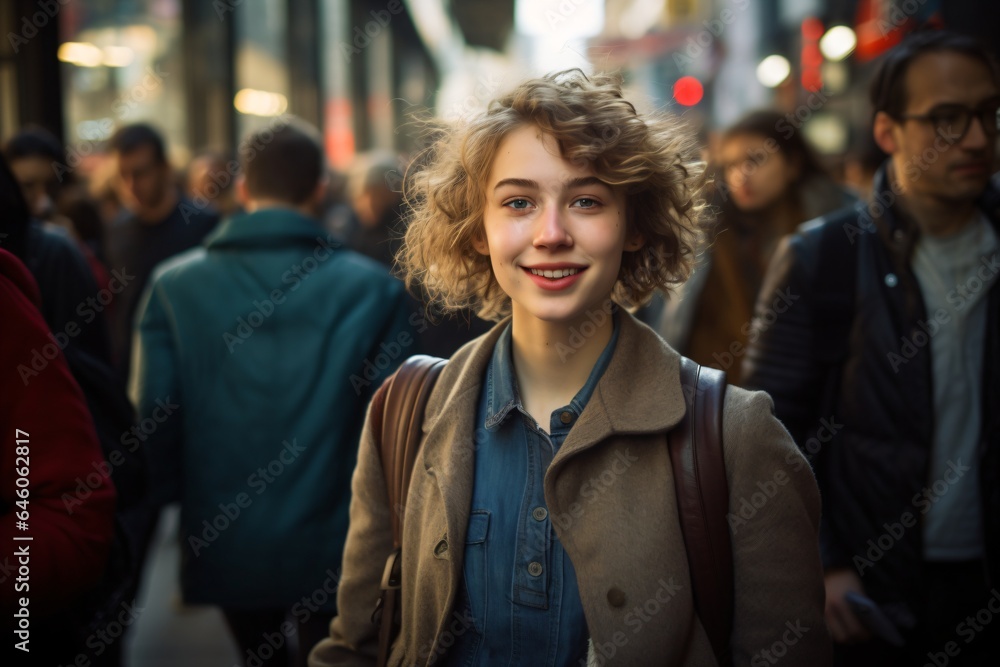 Outdoor portrait of a beautiful girl, with curly hairs with a city street backdrop Outdoor portrait of a beautiful girl, with curly hairs with a city street backdrop