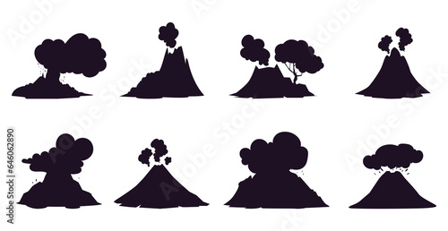 Volcano icon ash eruption silhouette volcanic pictogram logo isolated set. Vector graphic design illustration