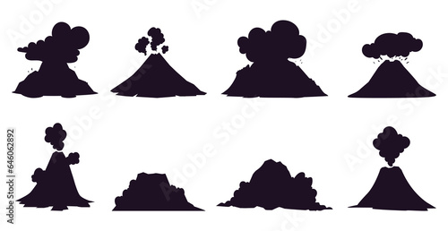 Volcano icon ash eruption silhouette volcanic pictogram logo isolated set. Vector graphic design illustration