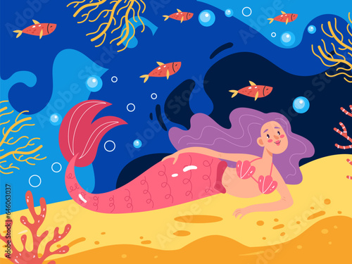 Mermaid princess swim in sea ocean underwater concept. Vector flat graphic design illustration 