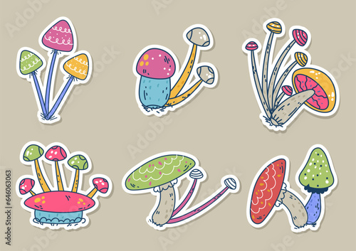 Retro mushroom vintage psychedelic groovy stickers isolated set. Vector flat graphic design illustration