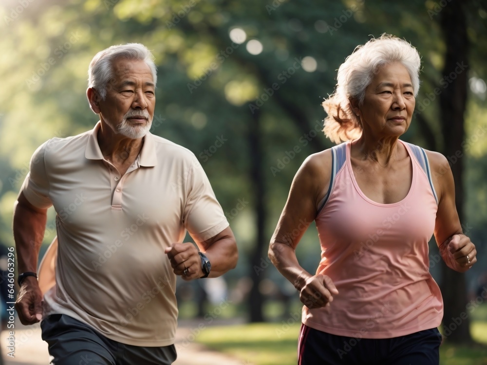 Asian couple jogging, running in the park, leading healthy lifestyle. Retirement hobby and leisure activity for elderly people. Asian couple jogging, running in the park, leading healthy lifestyle. Retirement hobby and leisure activity for elderly people.