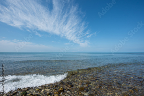 Seashore, pebbles. Calm. Nebug area. Black Sea.
