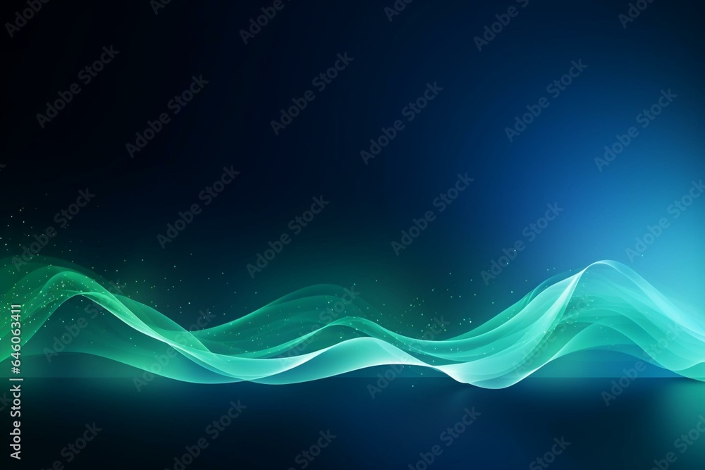 Dynamic green wave with moving particles on a blue background. Generative AI