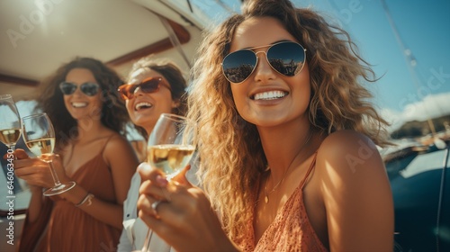 photo of Group of diverse girl friends drink champagne while having a party in yacht. Attractive young men and women hanging out  celebrating holiday vacation trip while catamaran boat sailing