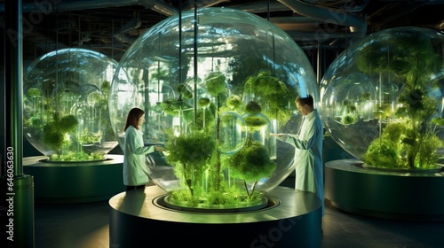 Capture a stunning image of a glass globe set within a state-of-the-art green laboratory, with scientists conducting experiments on innovative energy solutions