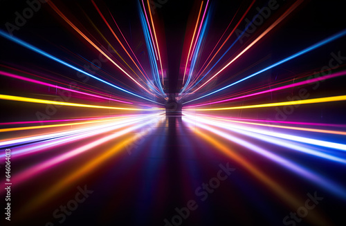 Abstract colorful neon motion blur background, Light speed, hyperspace, space warp background. colorful streaks of light gathering towards the event horizon
