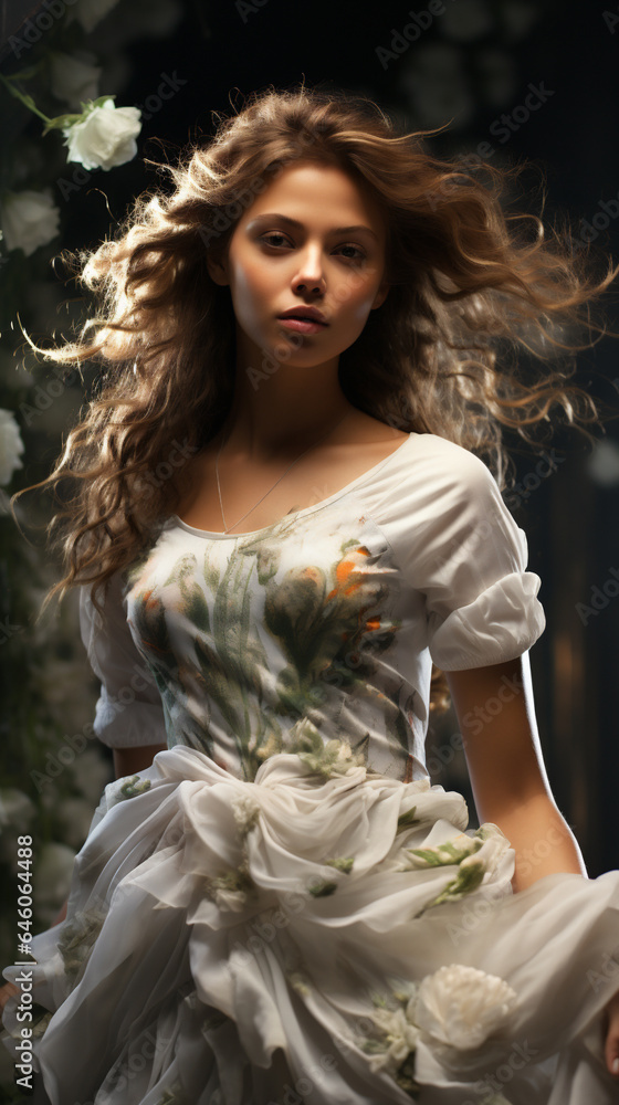 Art photo fantasy of mystical woman in white, long white ancient style dress, light long hair. AI Generative Art photo fantasy of mystical woman in white, long white ancient style dress, light long hair. AI Generative