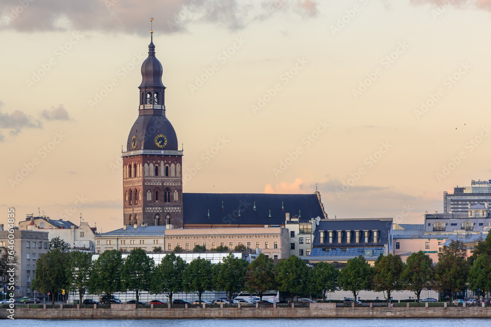 Riga Dome Cathedral in summer at sunset, view across the Daugava River 3