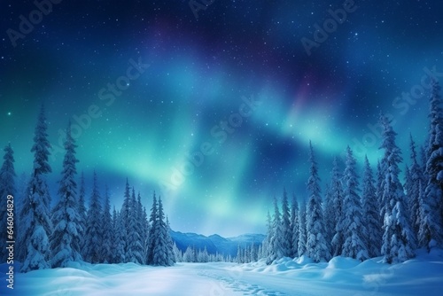 Blue northern lights illuminate snowy landscape with copy-space. Generative AI © Isolde