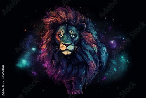 A vibrant mythical lion with a cosmic aesthetic. Generative AI