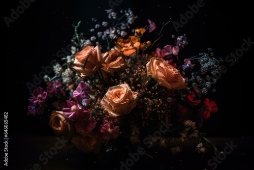 Sparkling flower bouquet against dark backdrop. Generative AI