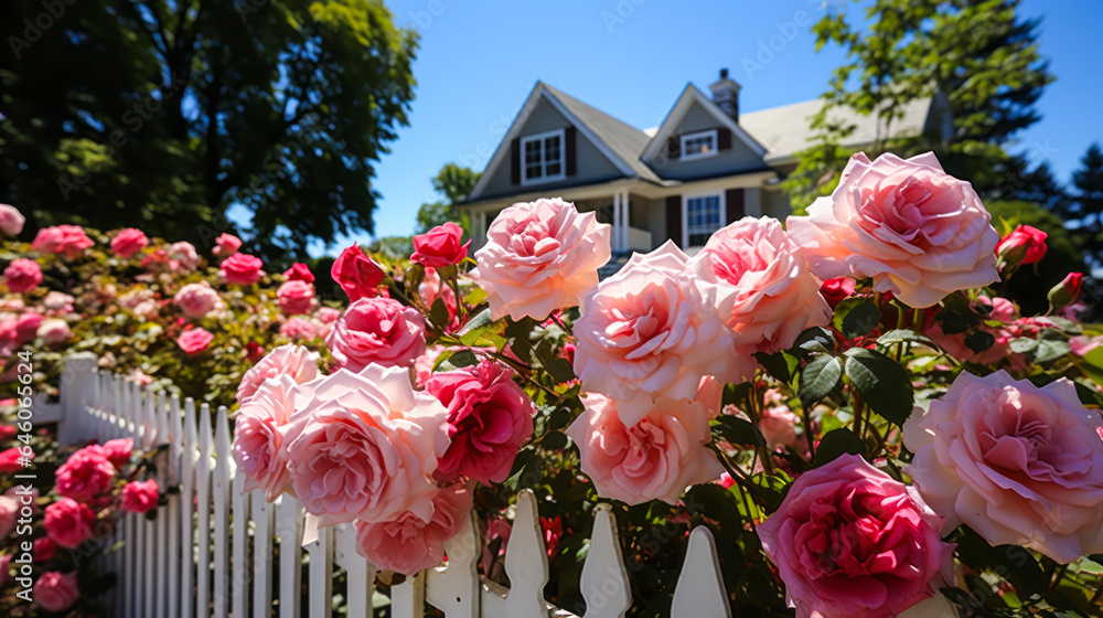 Φωτογραφία Idyllic cottage with white picket fence, nestled among vibrant roses under serene blue sky, a dream home for sale, radiating cozy and inviting curb appeal