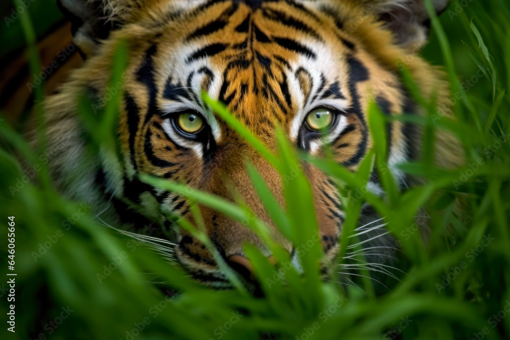 Bengal tiger in green grass. Close-up. Bengal tiger in green grass. Close-up.