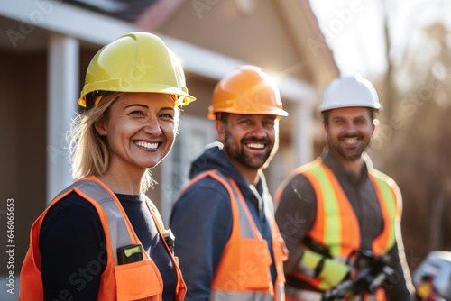 Group of happy builders in hardhats standing together on construction site