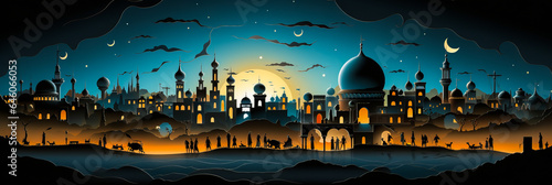 Captivating Middle Eastern marketplace at night, depicted as a serene 2D frieze with traditional stalls, geometric buildings under the crescent moon. Artistic and atmospheric.