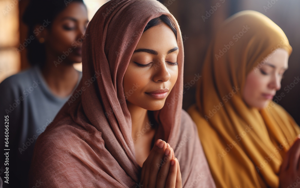 Women meditates with clasped hands while practicing yoga Women meditates with clasped hands while practicing yoga