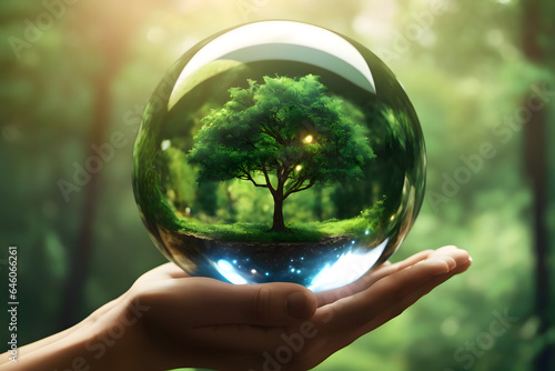 hand holding a globe with a tree growing inside the sphere