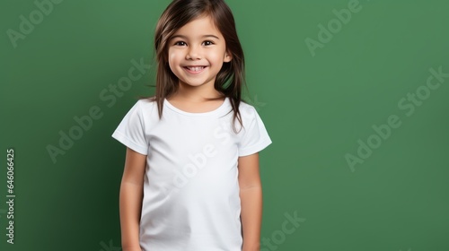 Young little brunette girl posing in white tshirt on green background mockup