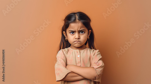 Portrait of a sad indian little girl looking at the camera on a brown background photo