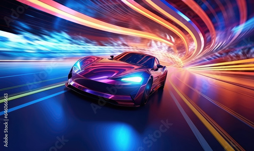 Futuristic car speeding through neon-lit tunnel. © Lidok_L