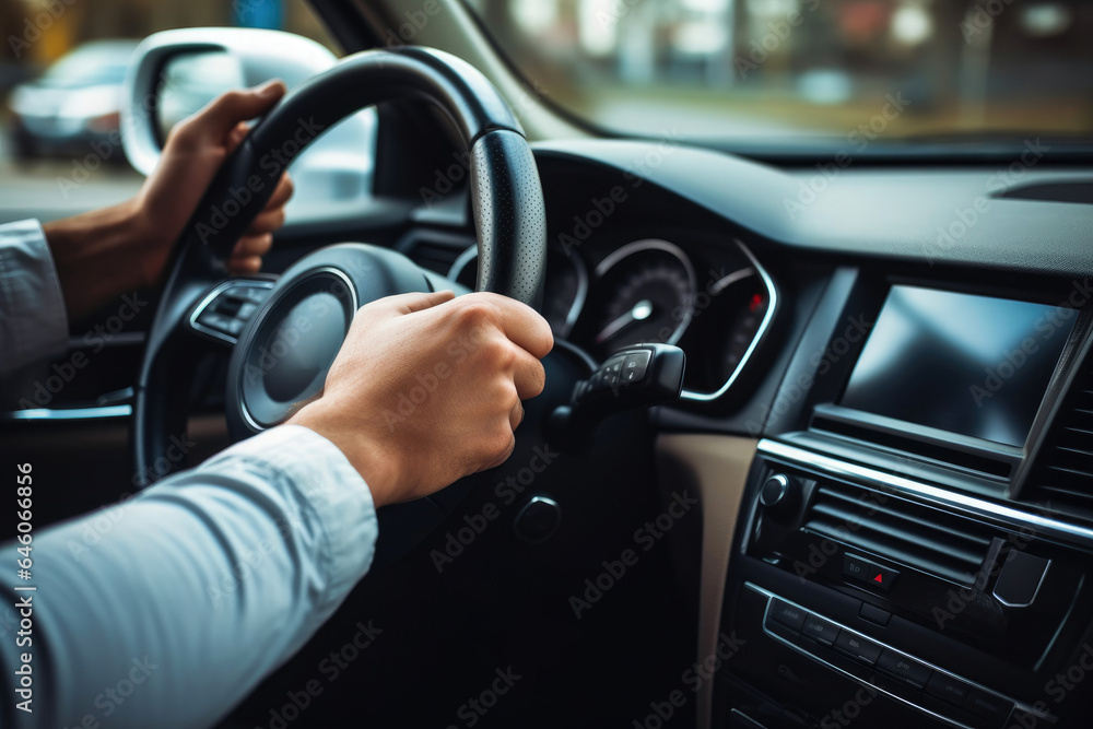 Contemporary Car Interior: Driver's Hands on Steering Wheel