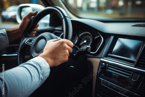 Contemporary Car Interior: Driver's Hands on Steering Wheel