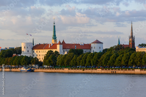 Presidential Palace in Riga in summer at sunset, view across the Daugava River