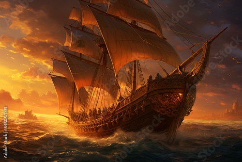 Illustration: Arabian galley sailing during 1001 nights. Generative AI photo