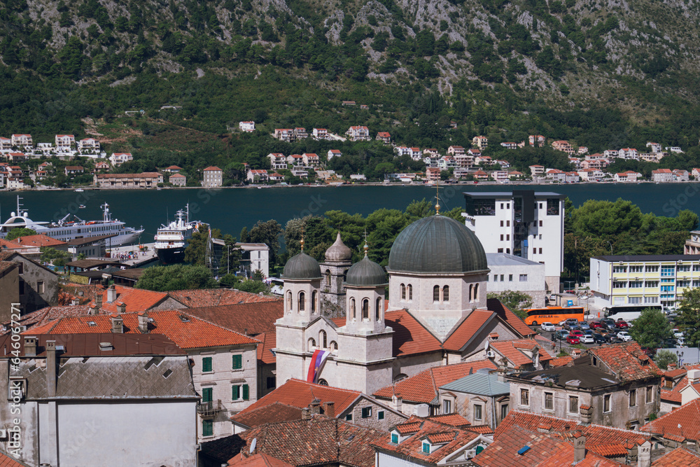Panoramic view to Kotor old town with St. Nicholas Serbian Orthodox Church in focus, Kotor, Montenegro, 