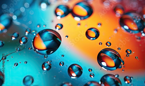 Close-up multicolored drops of water on surface. Created with AI tools