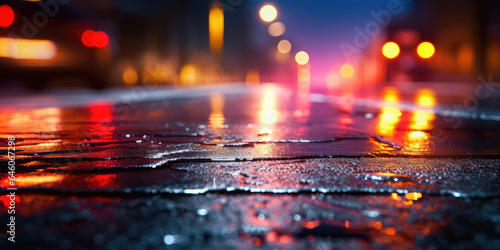 Wet asphalt with neon light. Created with AI tools