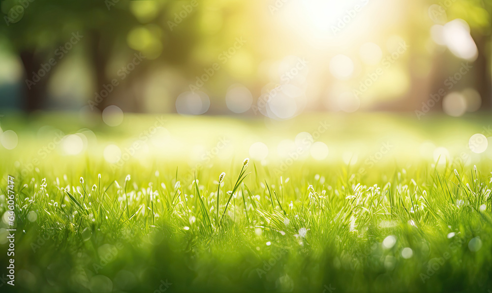 Fresh lush green grass on meadow with drops of water dew. Created with generative AI tools Fresh lush green grass on meadow with drops of water dew. Created with generative AI tools
