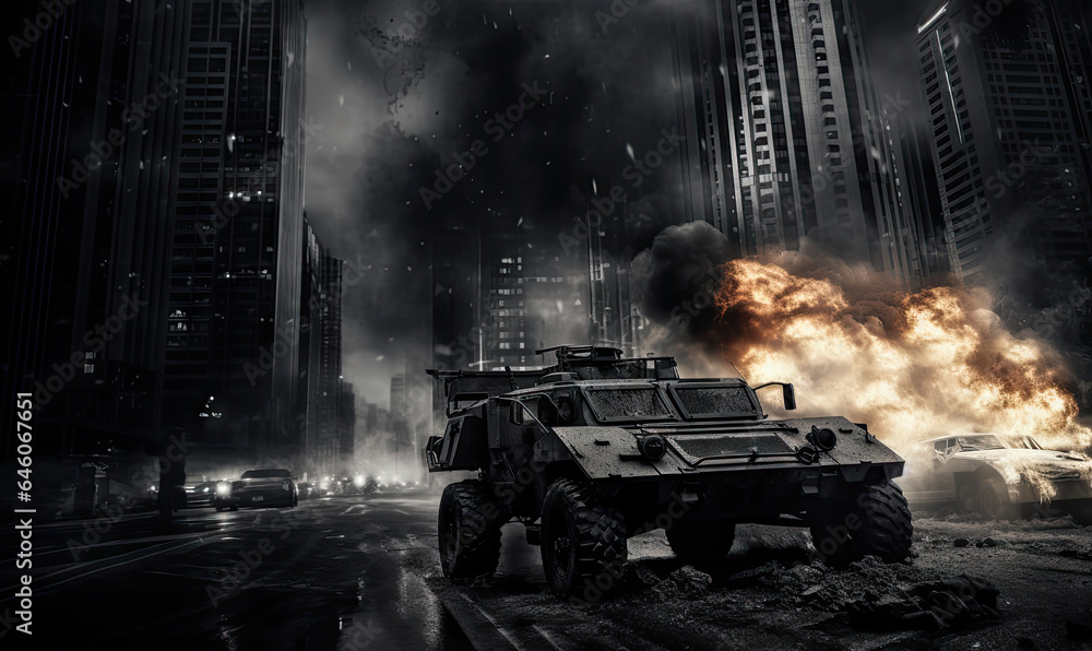Intense battlefield scene. Burning armored military vehicle in city.