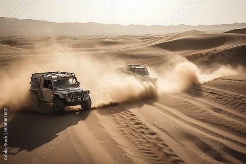 Off-road vehicles racing in desert. Generative AI © Merek