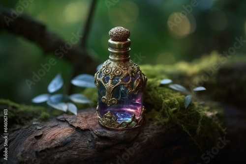 Enchanting potion in ornate vial amid enchanted woods. Generative AI © Danilo