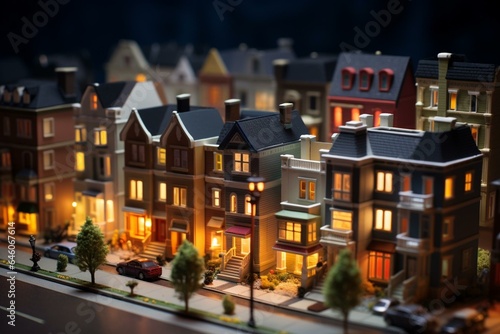 Nighttime townhouse neighborhood model with tilt-shift focus technique. Generative AI