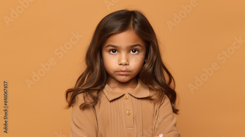 Serious little girl with serious expression looking at camera over brown background