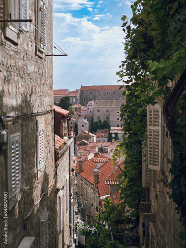 Panoramic street view to Dubrovnik old town from uphill, Dalmatia, Croatia
