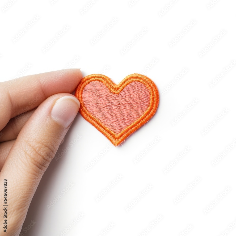 Woman hand holding a mini heart embroidery patch isolated on white background. Woman hand holding a mini heart embroidery patch isolated on white background.