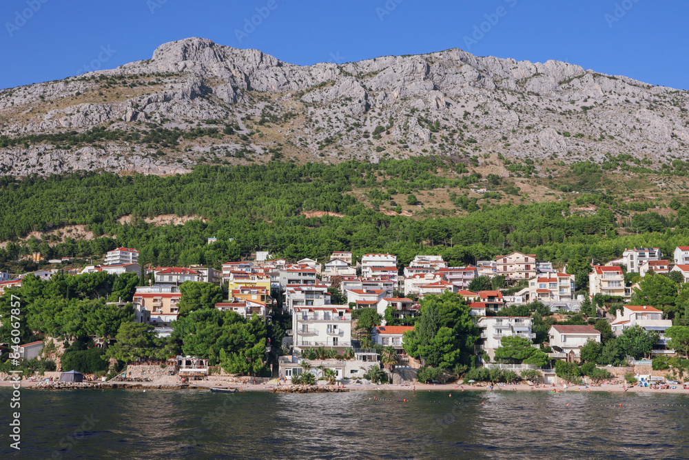 Panoramic view to a village at Omis riviera from the sea, Omis, Omis riviera, Omis, Dalmatia, Croatia