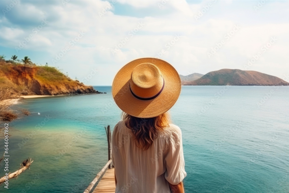 Woman in Sun Hat Enjoying Coastal Serenity