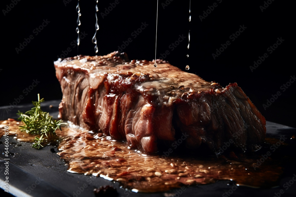 Juicy piece of meat, roasted meat, sauce, dripping sauce, AI GENERATED