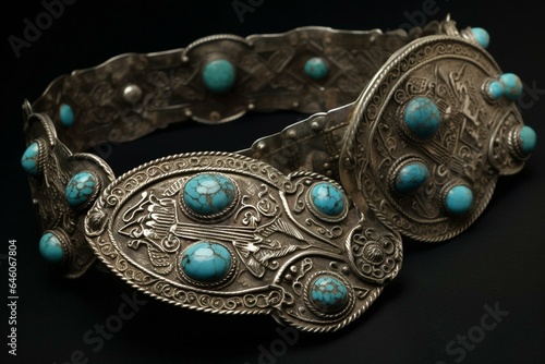 Ethnic silver and turquoise belt from the southwestern region. Generative AI